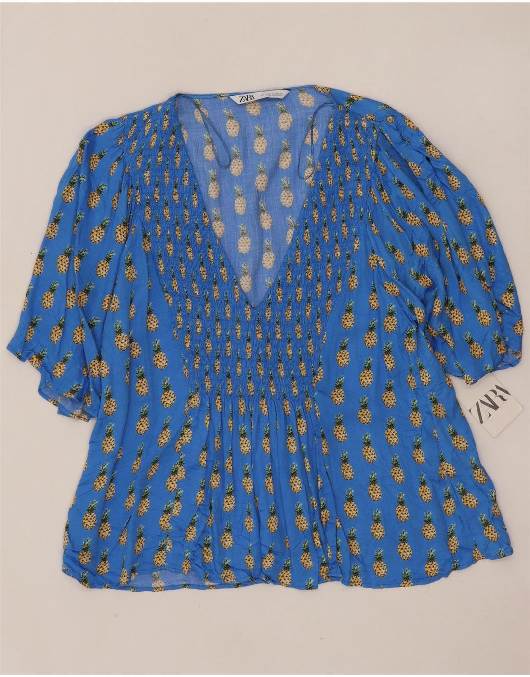 Blusa feminina Zara com padrão abstrato manga 3/4 UK 18 XL azul viscose