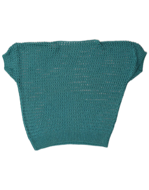 Suéter feminino vintage de manga curta com gola canoa Reino Unido 16 grande azul