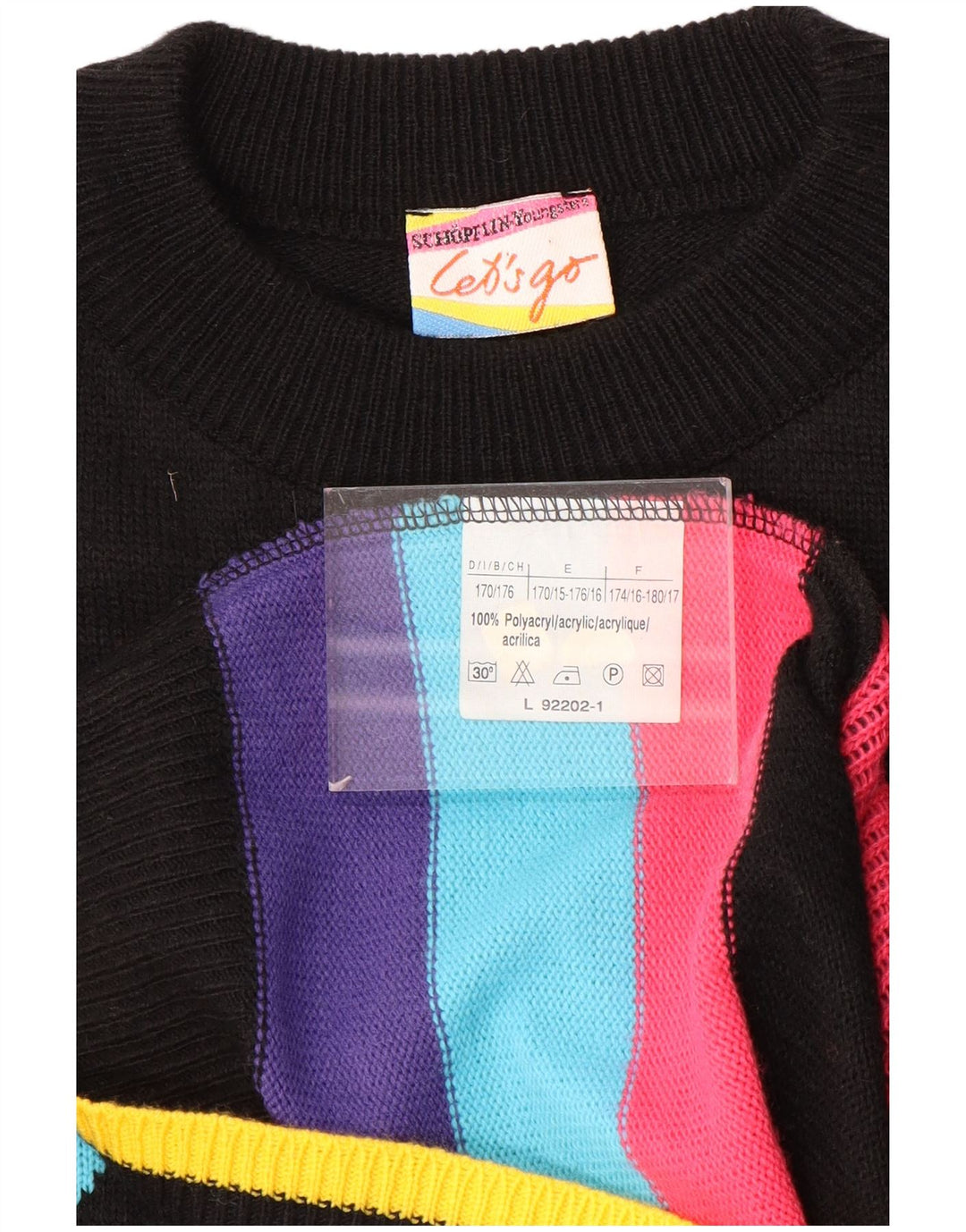 Vestido feminino VINTAGE com estampa gráfica UK 16 grande bloco colorido preto