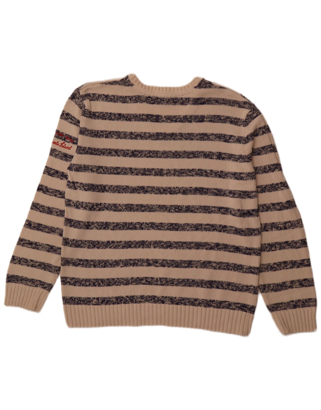 RHODE ISLAND Mens V-Neck Jumper Sweater Large Beige Striped Cotton