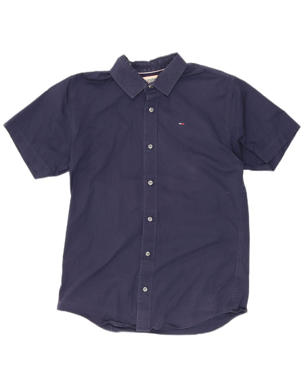 Camisa masculina de manga curta Tommy Hilfiger algodão azul marinho médio