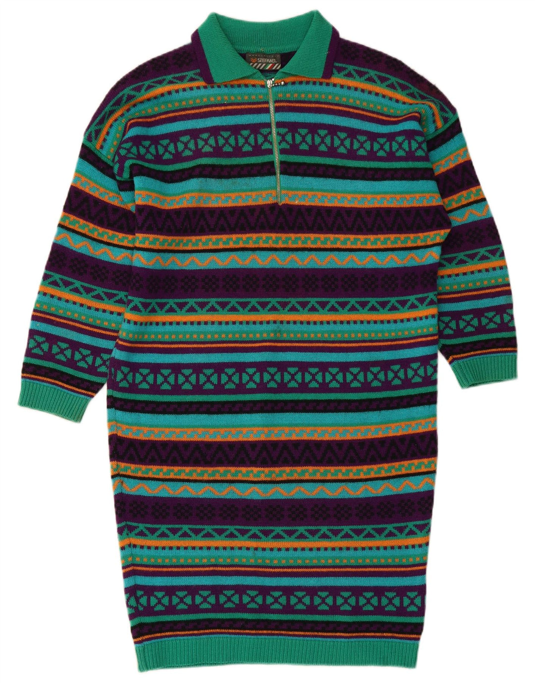 Vestido polo feminino de malha de manga comprida STEFANEL Reino Unido 14 verde médio geométrico