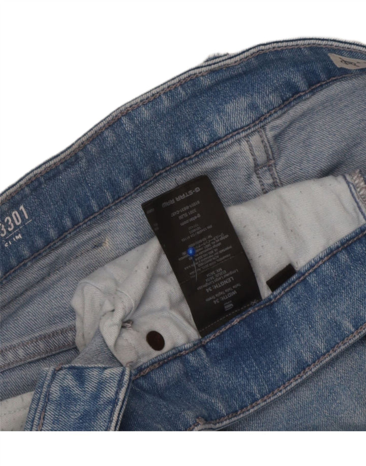 G-Star masculino 3301 jeans slim desgastado W34 L34 algodão azul