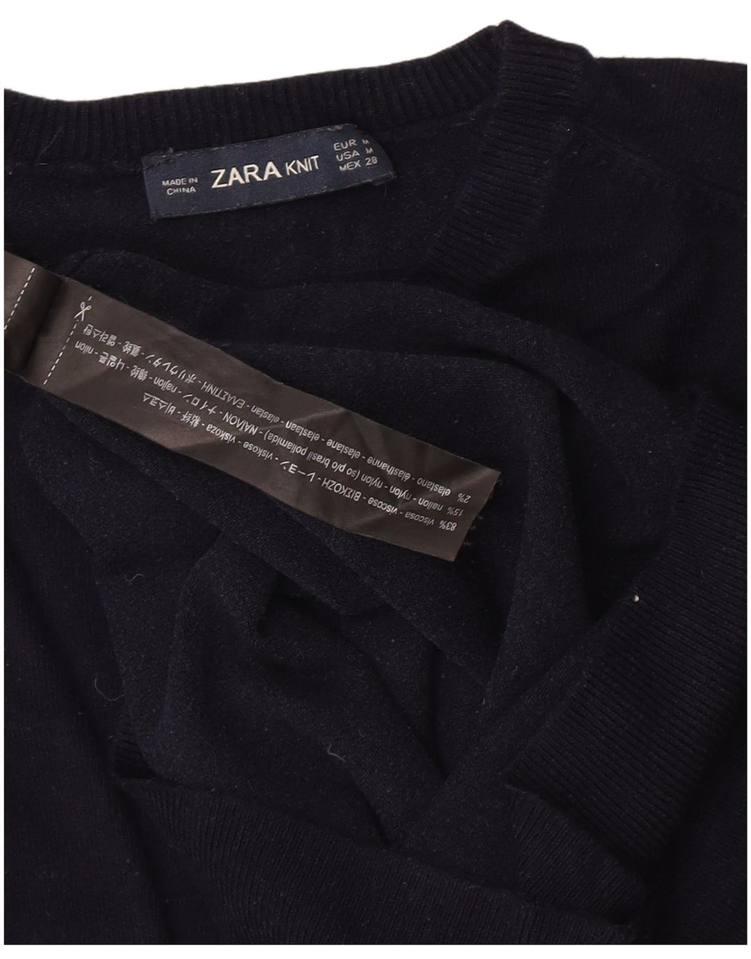 Suéter feminino Zara com gola redonda e viscose azul marinho médio UK 12