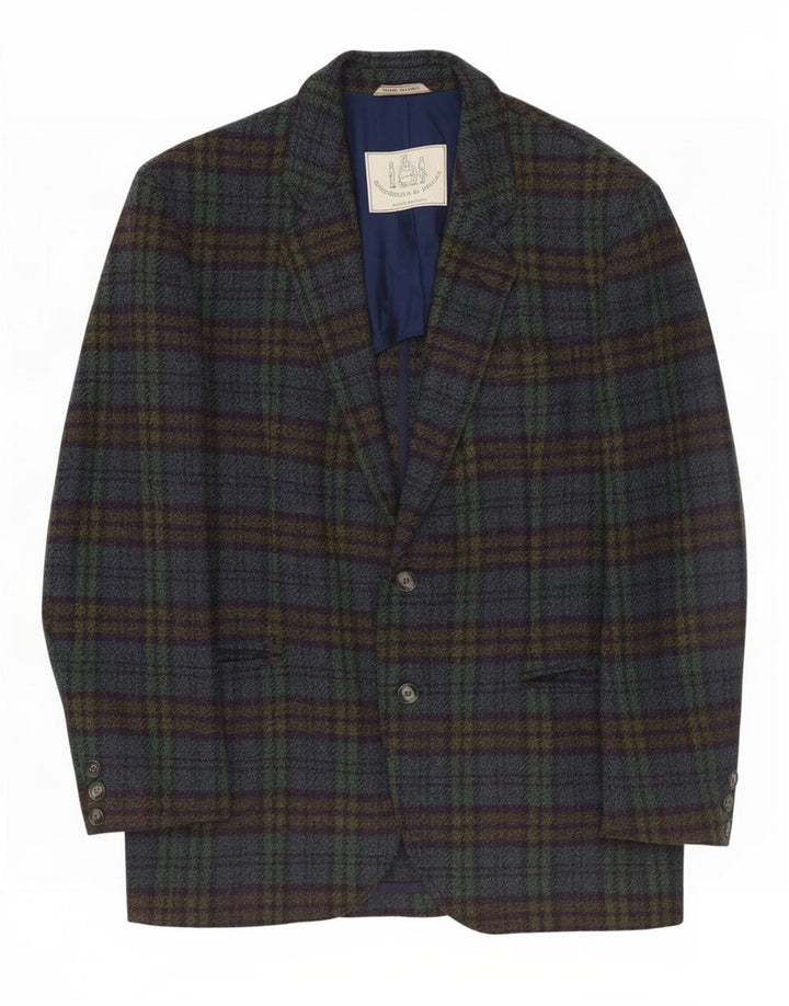 Jaqueta blazer masculina vintage com 2 botões IT 50 grande lã xadrez azul marinho