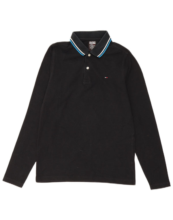 Camisa polo masculina TOMMY HILFIGER de manga comprida de algodão preto médio