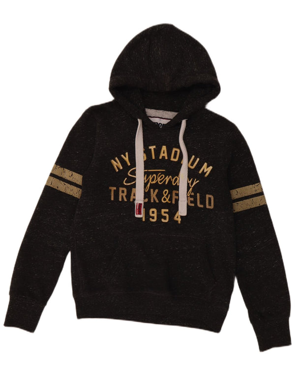 Superdry feminino gráfico moletom com capuz UK 10 pequeno algodão preto manchado