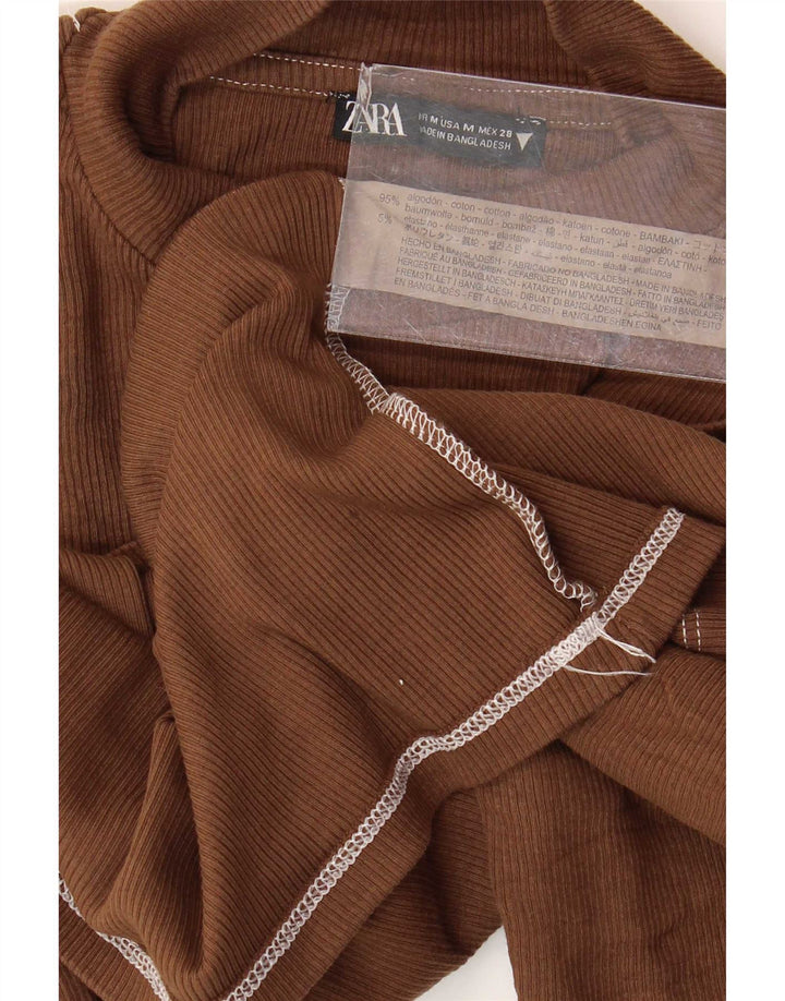 Zara Top curto feminino manga 3/4 Reino Unido 12 algodão marrom médio