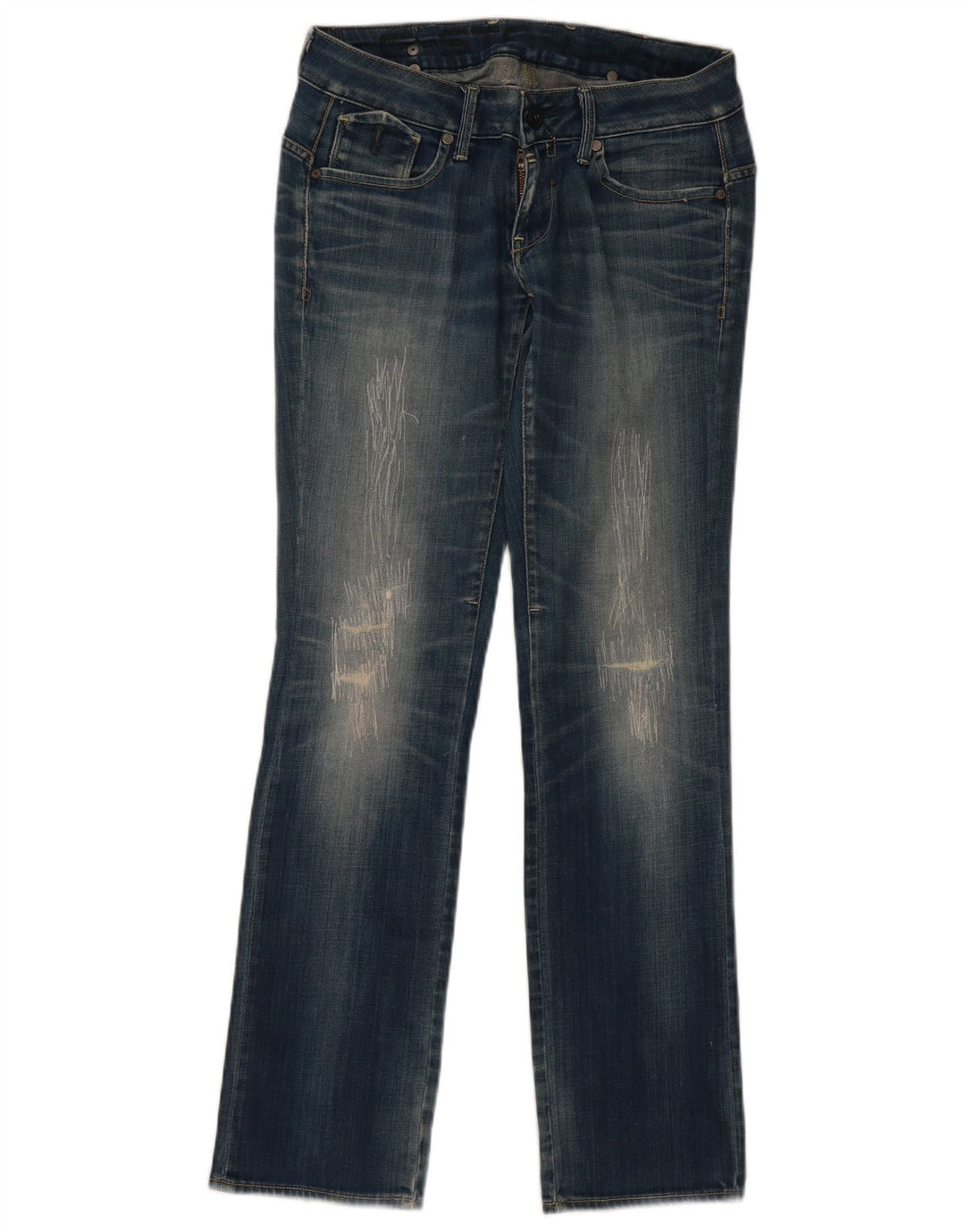 Calça jeans reta feminina G-Star desgastada W28 L32 algodão azul