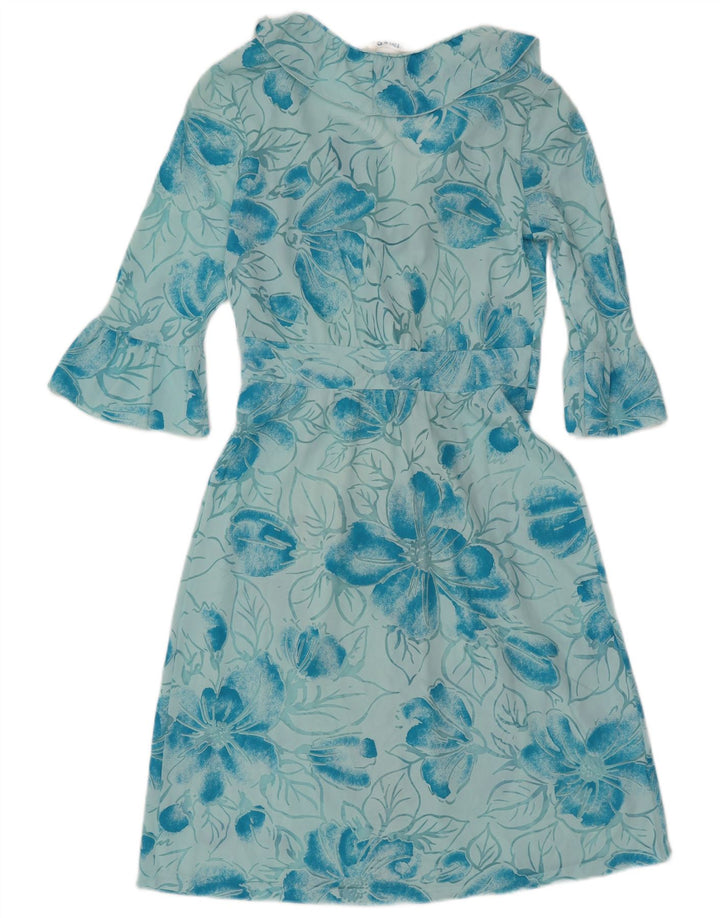 Vestido feminino Imec manga 3/4 transparente evasê UK 12 médio azul floral