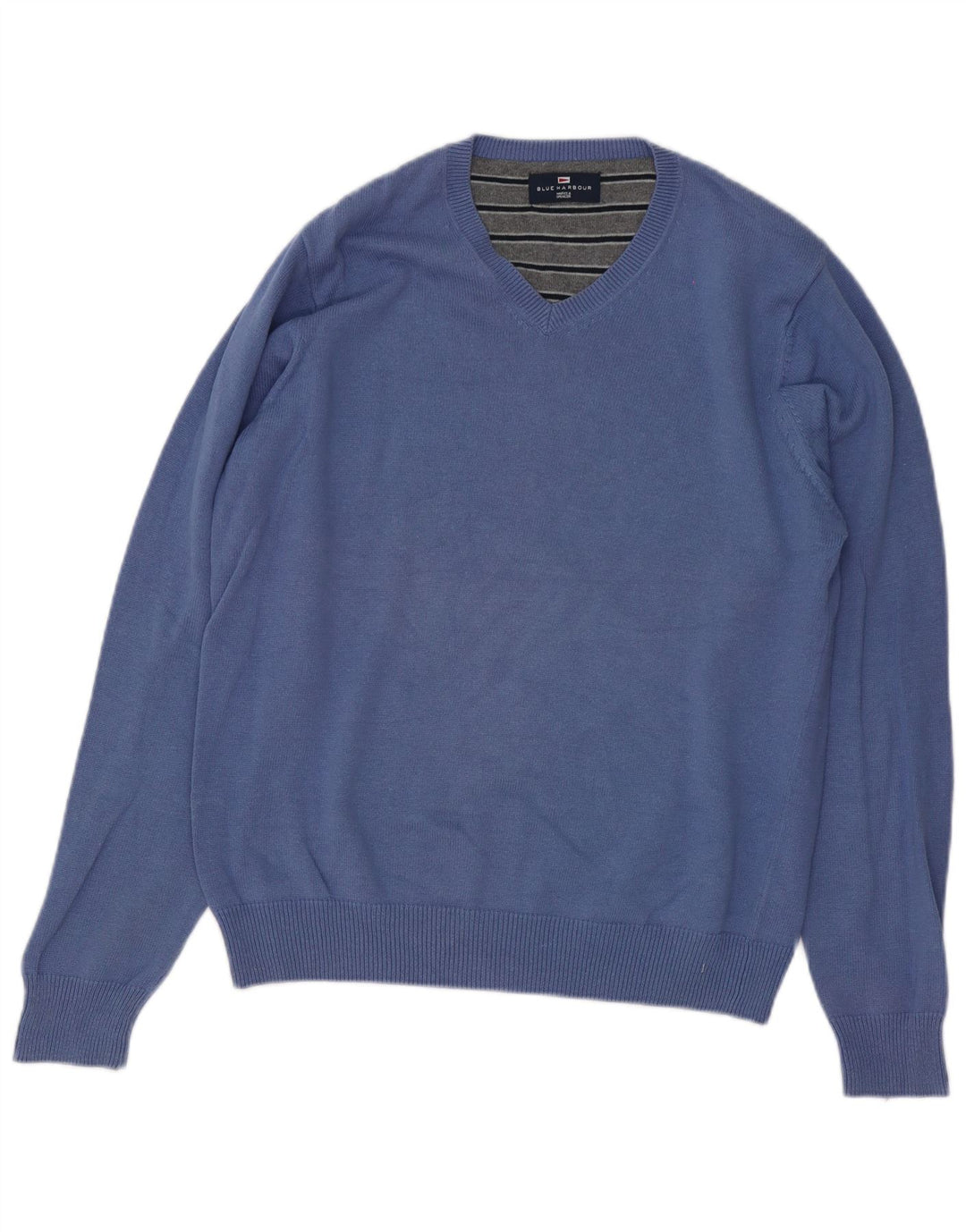 Suéter masculino Marks & Spencer Blue Harbor com decote em V de algodão azul médio