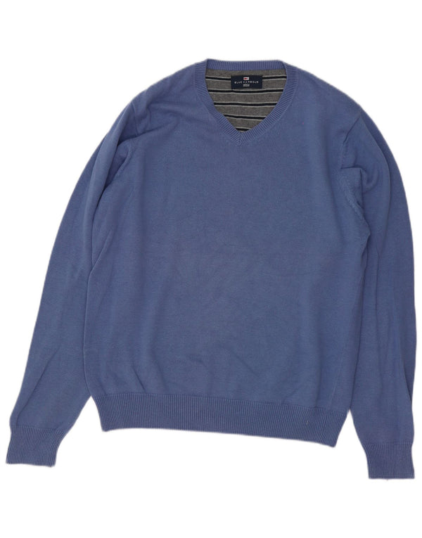 Suéter masculino Marks & Spencer Blue Harbor com decote em V de algodão azul médio