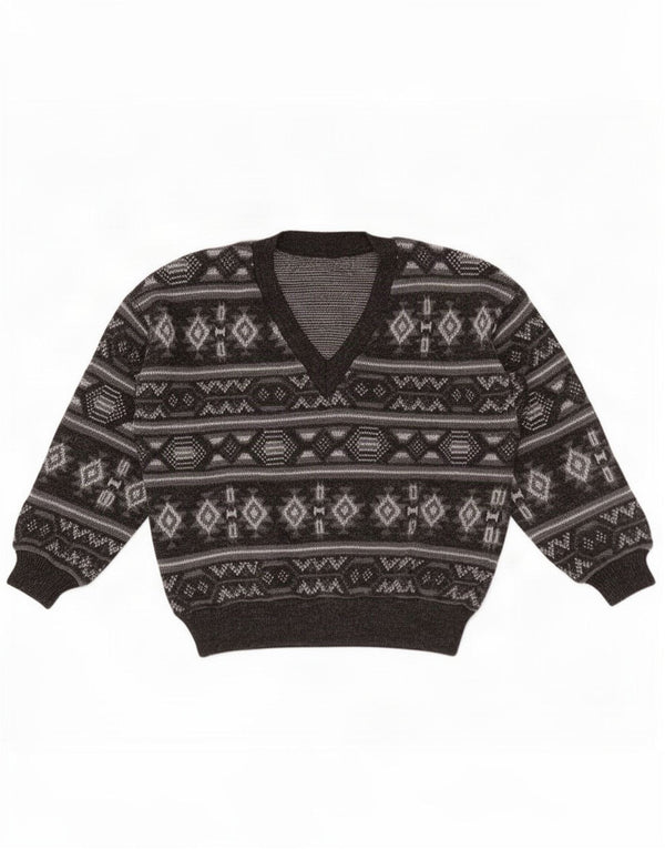 Suéter masculino vintage com decote em V grande cinza Fair Isle
