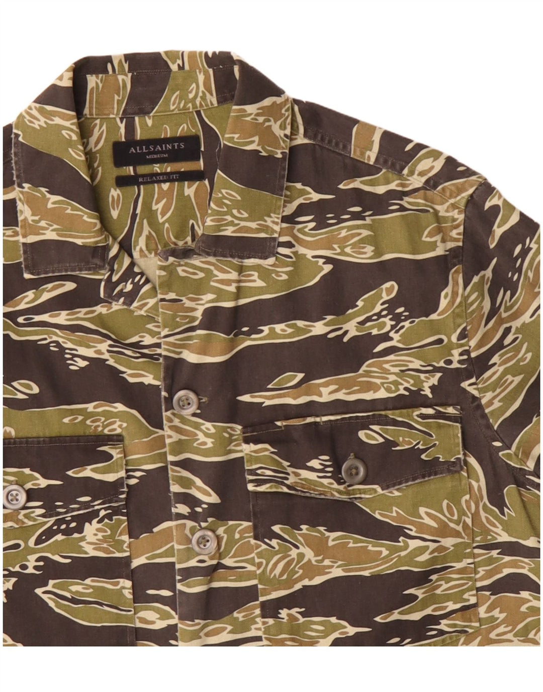 Camisa masculina de ajuste relaxado ALL SAINTS algodão camuflado cáqui médio