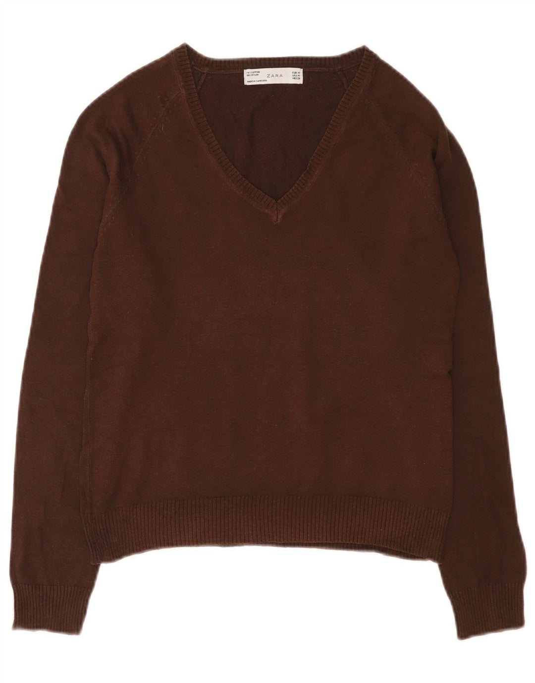 Suéter feminino Zara com decote em V Reino Unido 12 algodão marrom médio