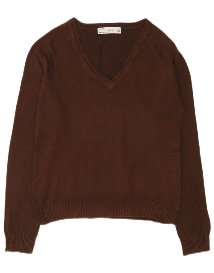 Suéter feminino Zara com decote em V Reino Unido 12 algodão marrom médio
