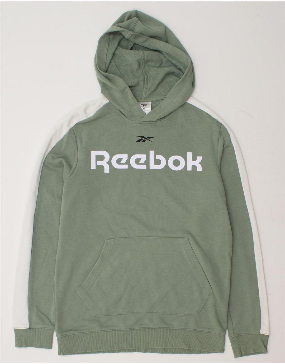 REEBOK Mens Graphic Hoodie Jumper Medium Green Colourblock Cotton Vintage Reebok and Second-Hand Reebok from Messina Hembry 