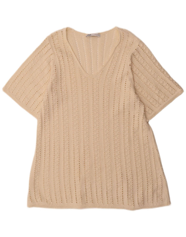 Zara Vestido feminino de manga curta em crochê, Reino Unido 14 Médio Off White
