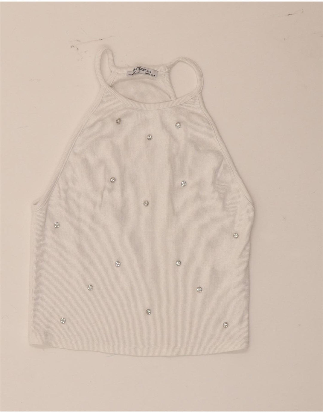 Zara Womens Crop Halter Top UK 14 Grande Algodão Branco Manchado