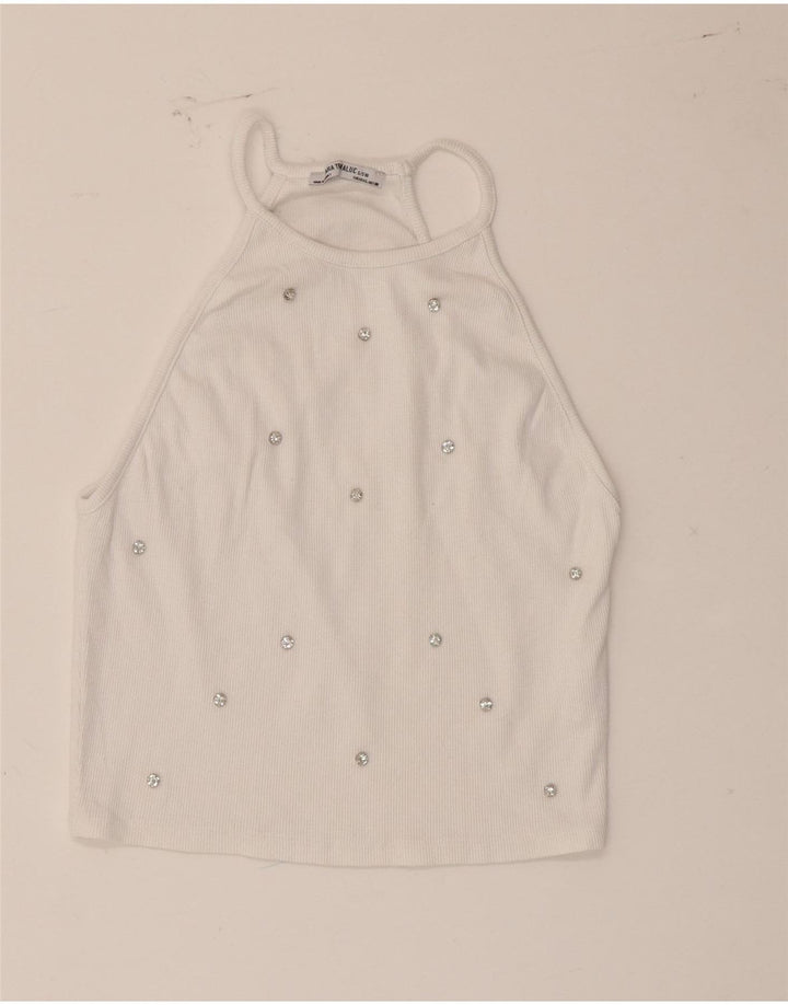 Zara Womens Crop Halter Top UK 14 Grande Algodão Branco Manchado