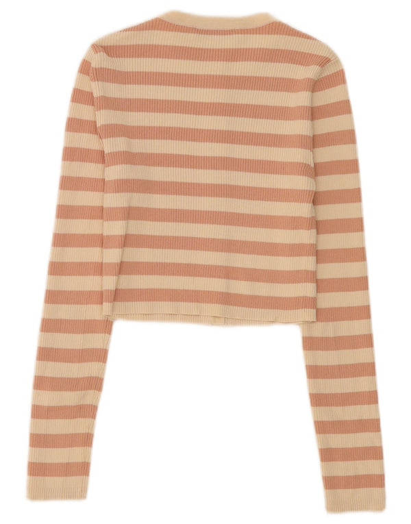Zara Womens Crop Cardigan Top UK 12 Médio Bege Listrado Nylon