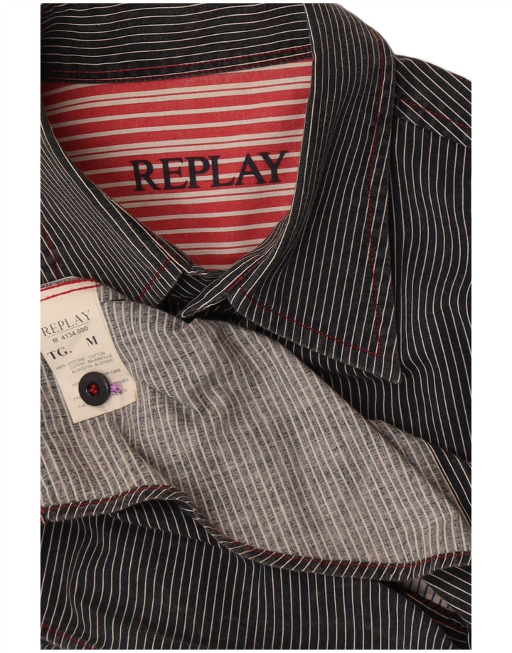Camisa masculina Replay de manga curta com listras pretas médias de algodão