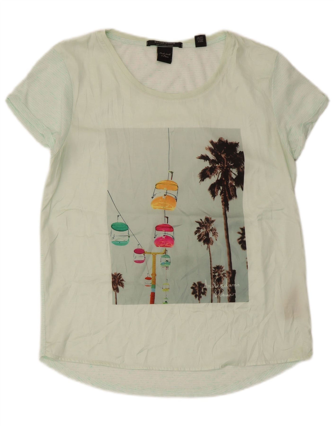 Camiseta feminina gráfica Maison Scotch Top UK 12 poliéster verde médio
