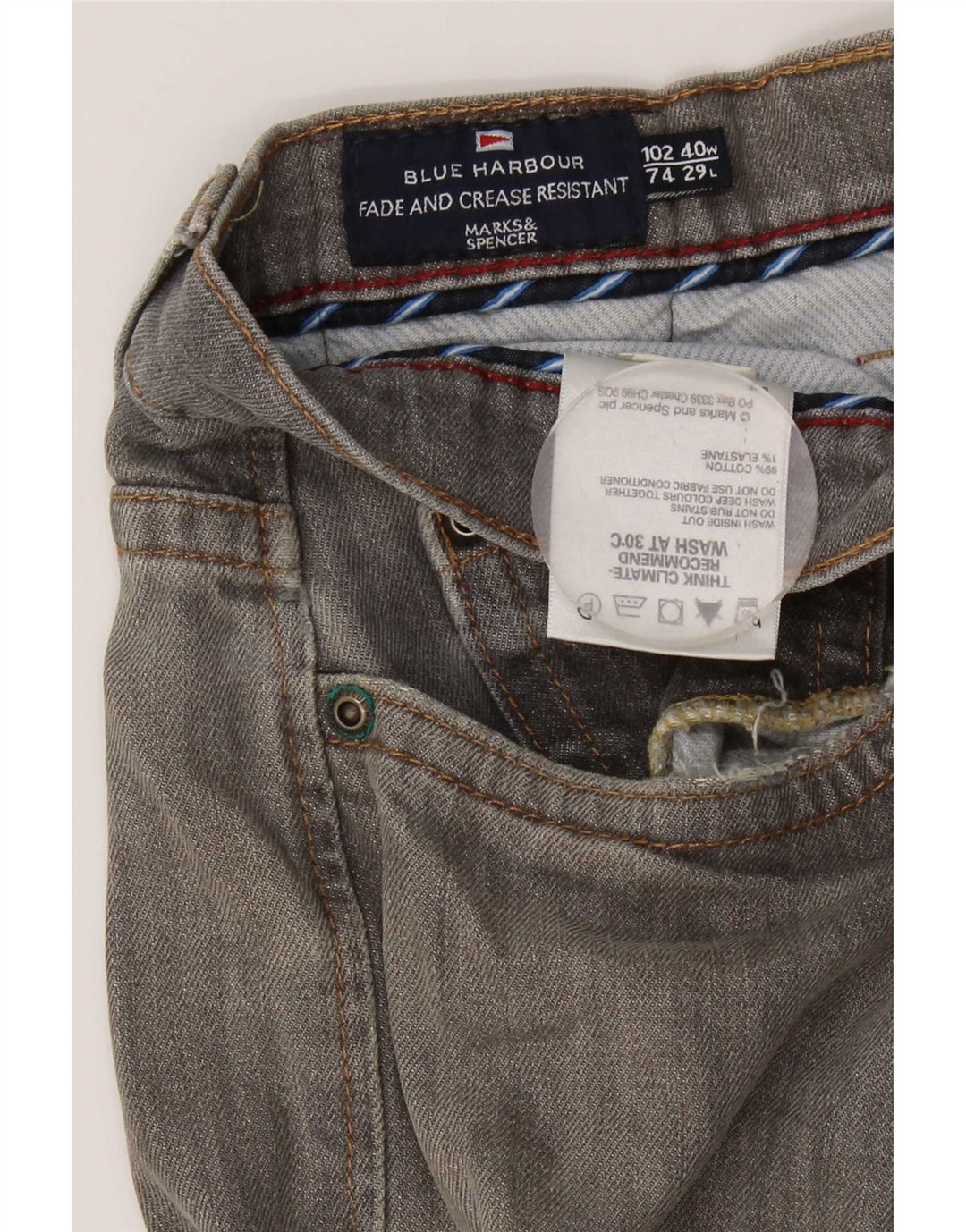 Calça jeans reta masculina Marks & Spencer Blue Harbor W40 L29 algodão cinza