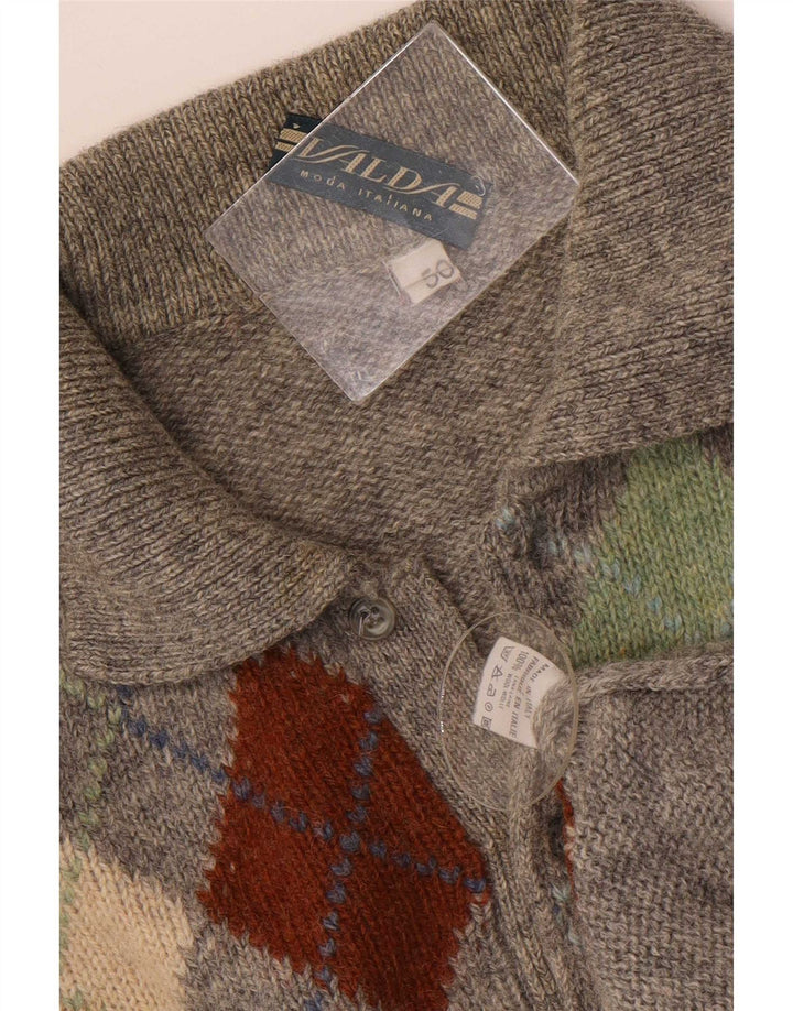 Suéter vintage masculino com gola polo IT 50 cinza médio argyle/lã diamante