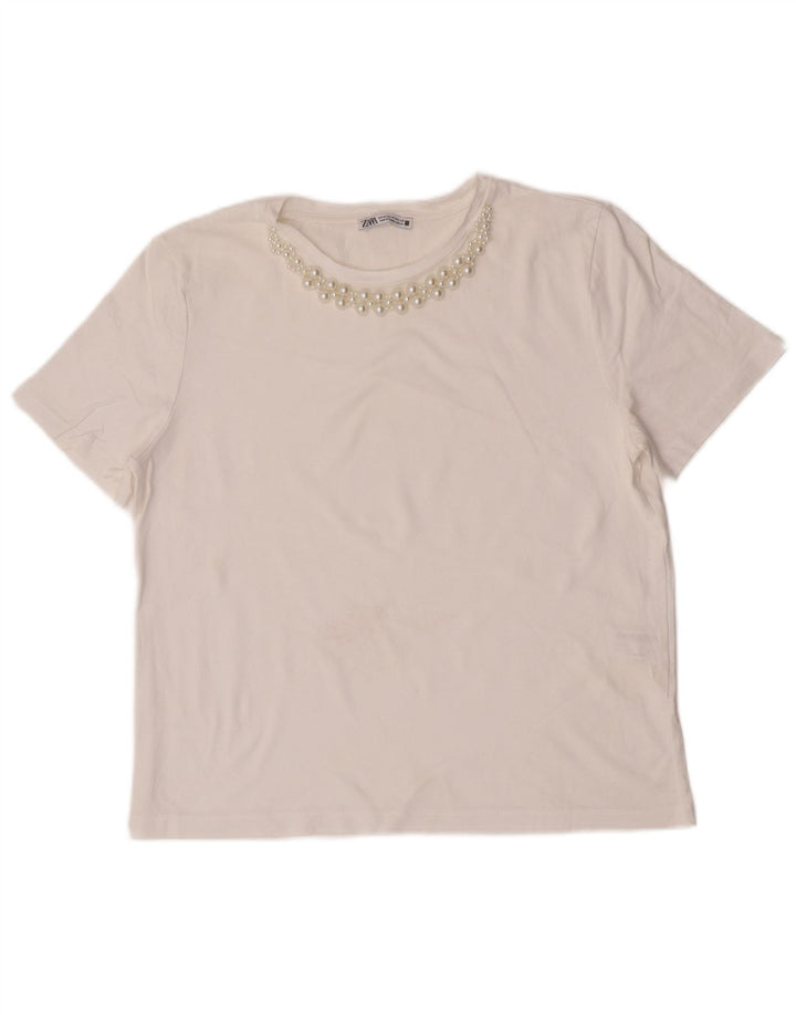 Camiseta feminina Zara UK 14 algodão branco médio