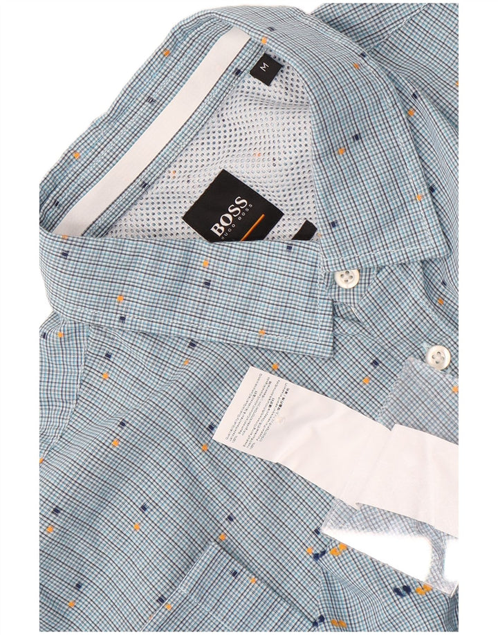 Camisa masculina de manga curta Hugo Boss algodão xadrez azul médio
