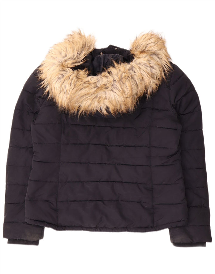 Jaqueta feminina acolchoada com capuz Topshop UK 14 poliéster azul marinho médio