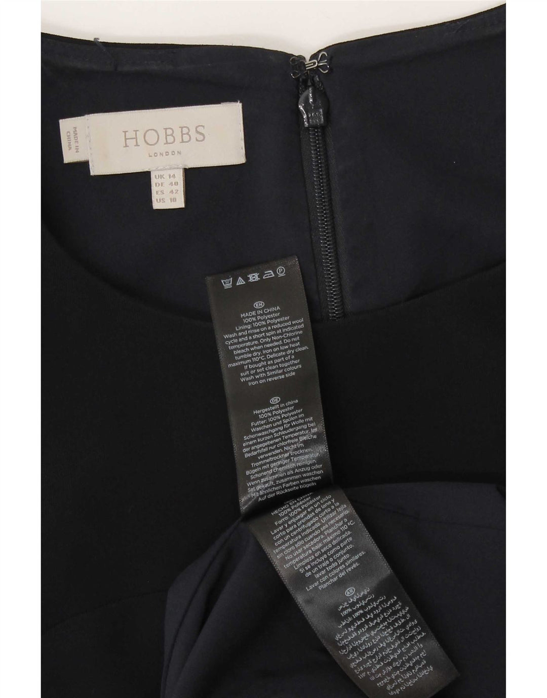 Vestido feminino Hobbs com bainha sem mangas Reino Unido 14 grande poliéster azul marinho
