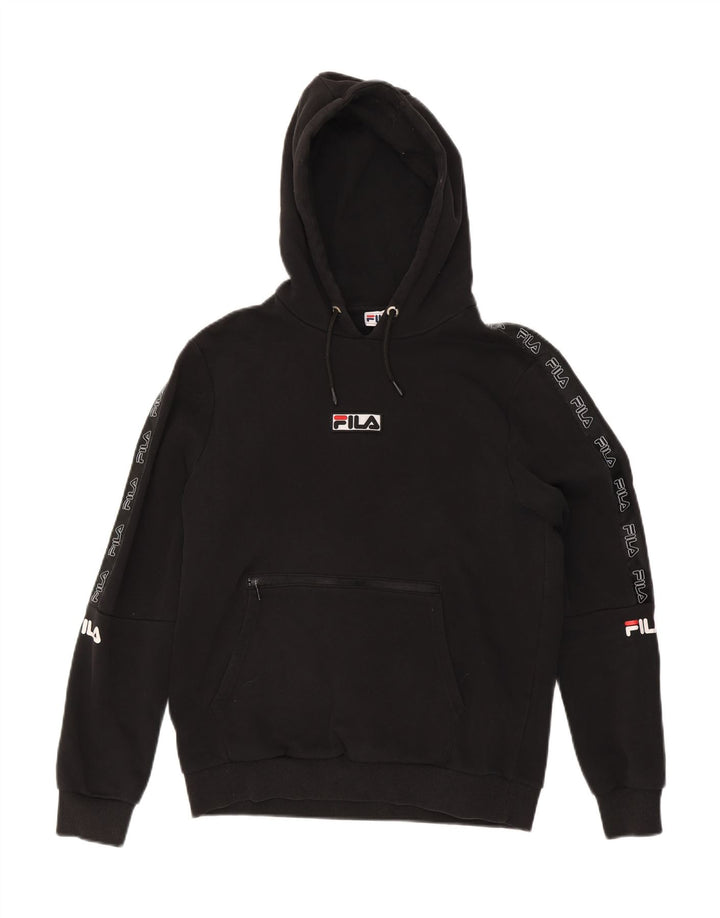 FILA Mens Graphic Hoodie Jumper Small Black Cotton Vintage Fila and Second-Hand Fila from Messina Hembry 