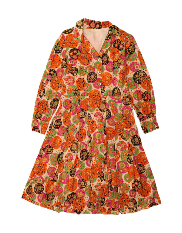 Vestido vintage feminino manga comprida linha A UK 12 médio floral multicolorido