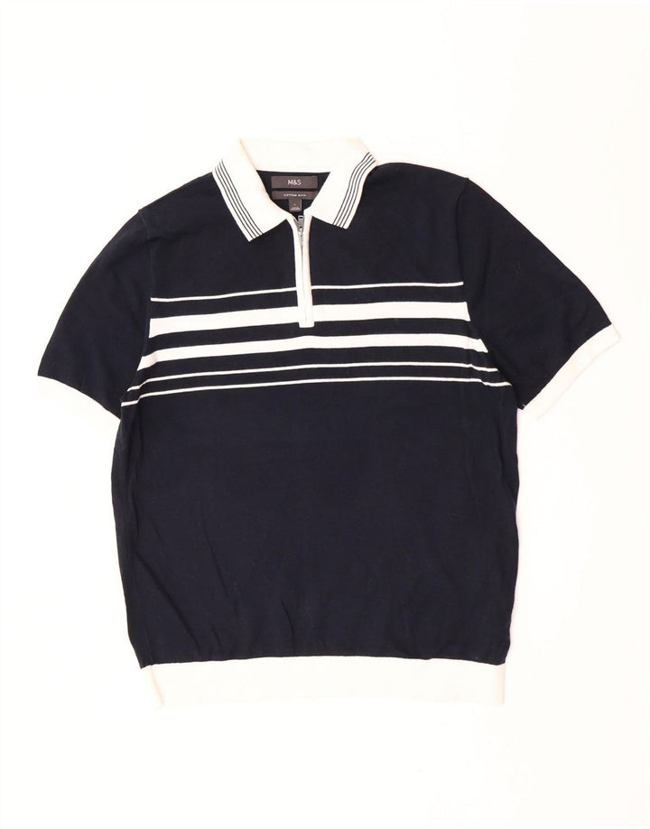 Camisa pólo masculina Marks & Spencer grande algodão listrado azul marinho