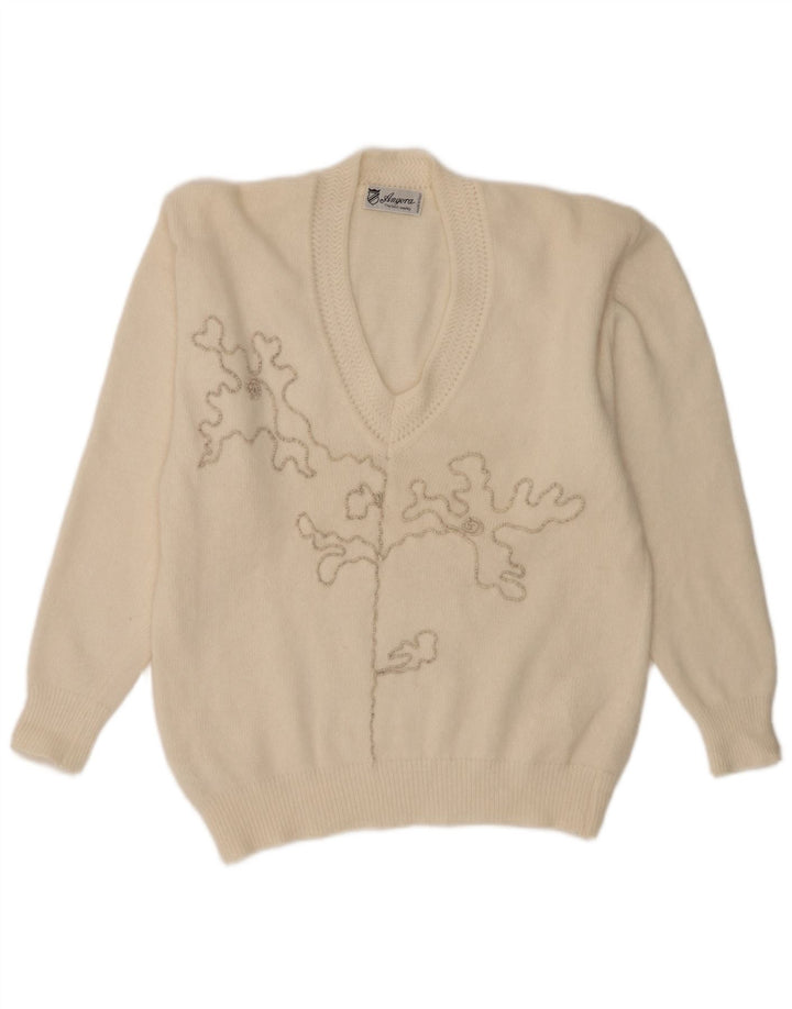 Suéter feminino vintage com estampa abstrata e decote em V Reino Unido 16 grande branco