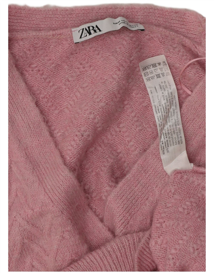 ZARA Suéter Cardigan Feminino Crop UK 14 Médio Rosa Chevron Acrílico
