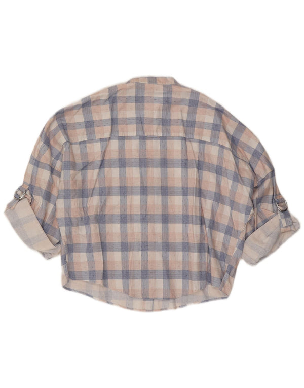 Camisa feminina Hugo Boss manga 3/4 oversized Reino Unido 8 linho xadrez azul pequeno