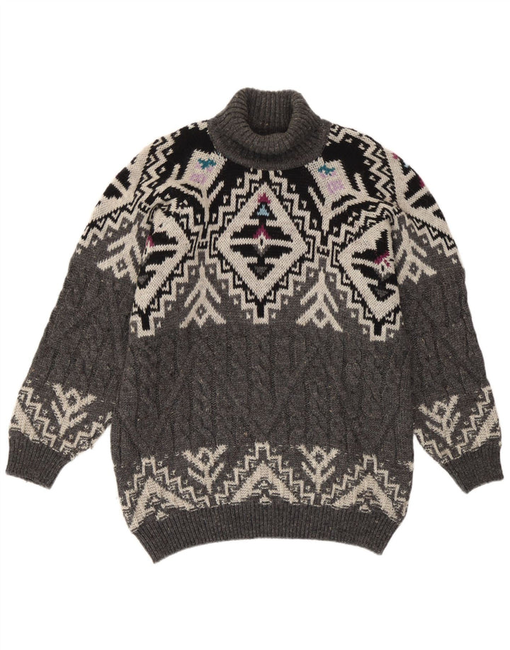 Suéter feminino vintage com gola redonda Reino Unido 14 lã Fair Isle cinza médio