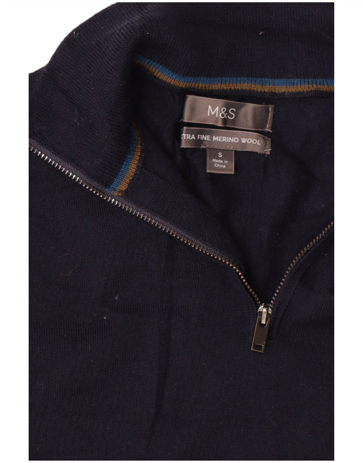 Suéter masculino Marks & Spencer com zíper e gola pequena de lã merino azul marinho