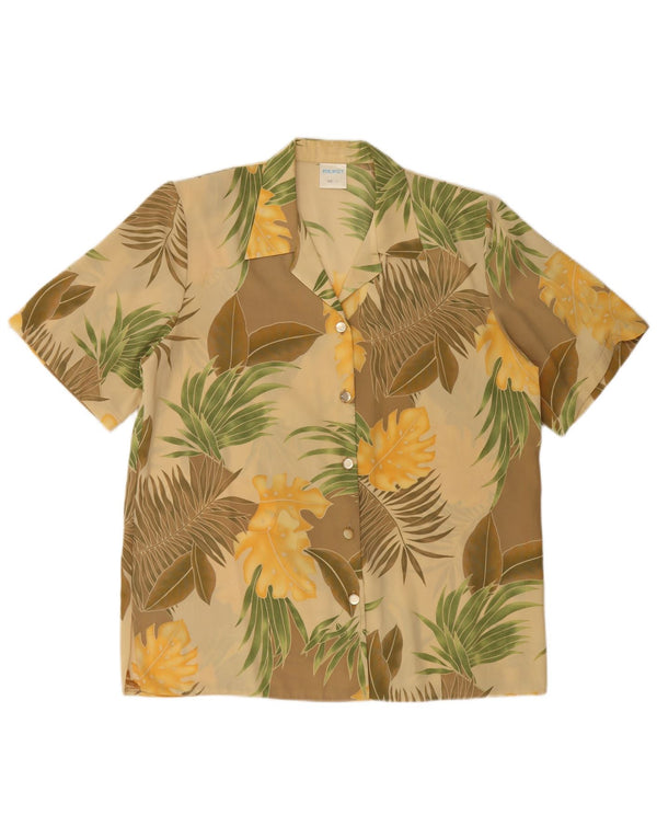 Camisa feminina vintage de manga curta UK 16 grande poliéster floral bege