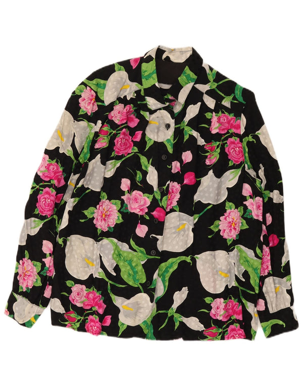 Blusa feminina vintage UK 16 grande floral preta