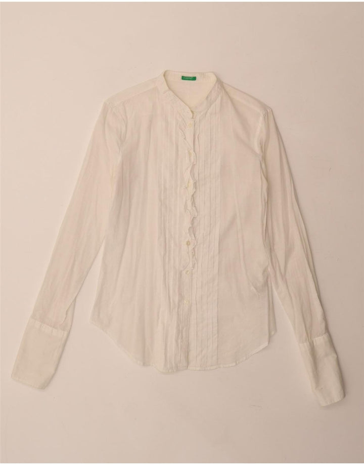 Camisa formal feminina Benetton com babados na frente Reino Unido 10 algodão branco pequeno