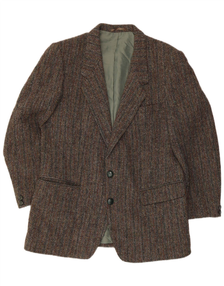 Jaqueta blazer masculina de 2 botões Harris Tweed Reino Unido 36 lã espinha de peixe cinza pequena