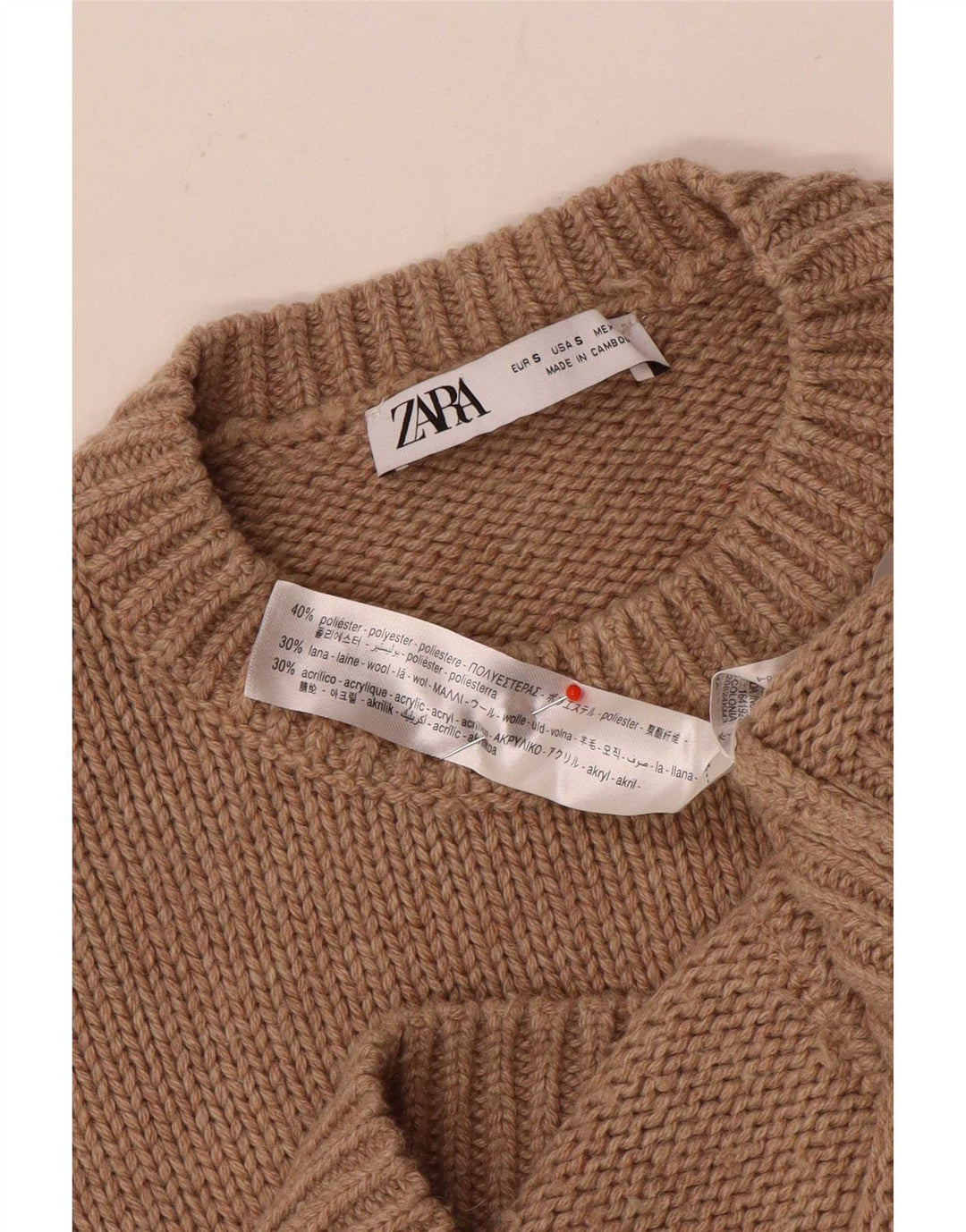 Zara Suéter feminino oversized com gola redonda Reino Unido 10 pequeno poliéster marrom