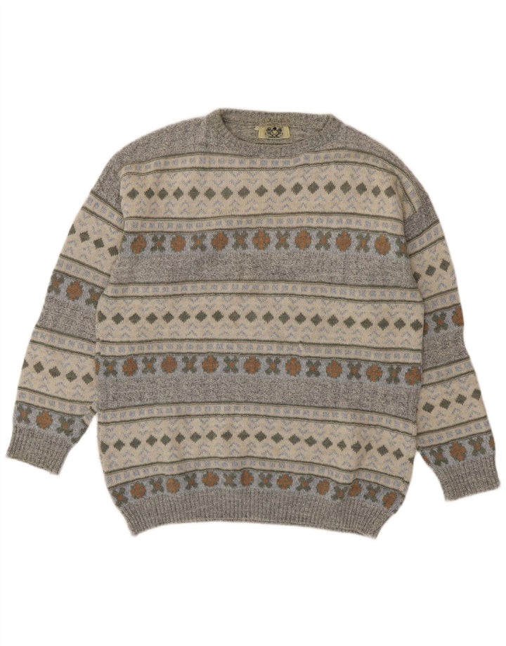 Suéter vintage masculino com gola redonda cinza médio geométrico