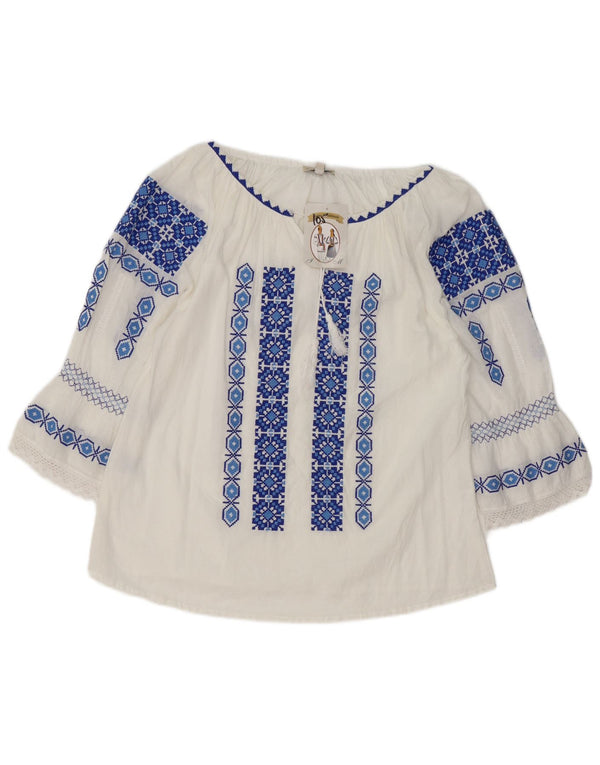 Blusa feminina vintage manga 3/4 top UK 16 grande branca geométrica étnica
