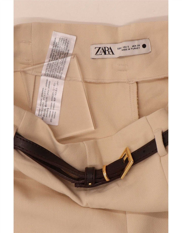 Calça feminina Zara com perna larga cortada pequena W26 L25 poliéster bege