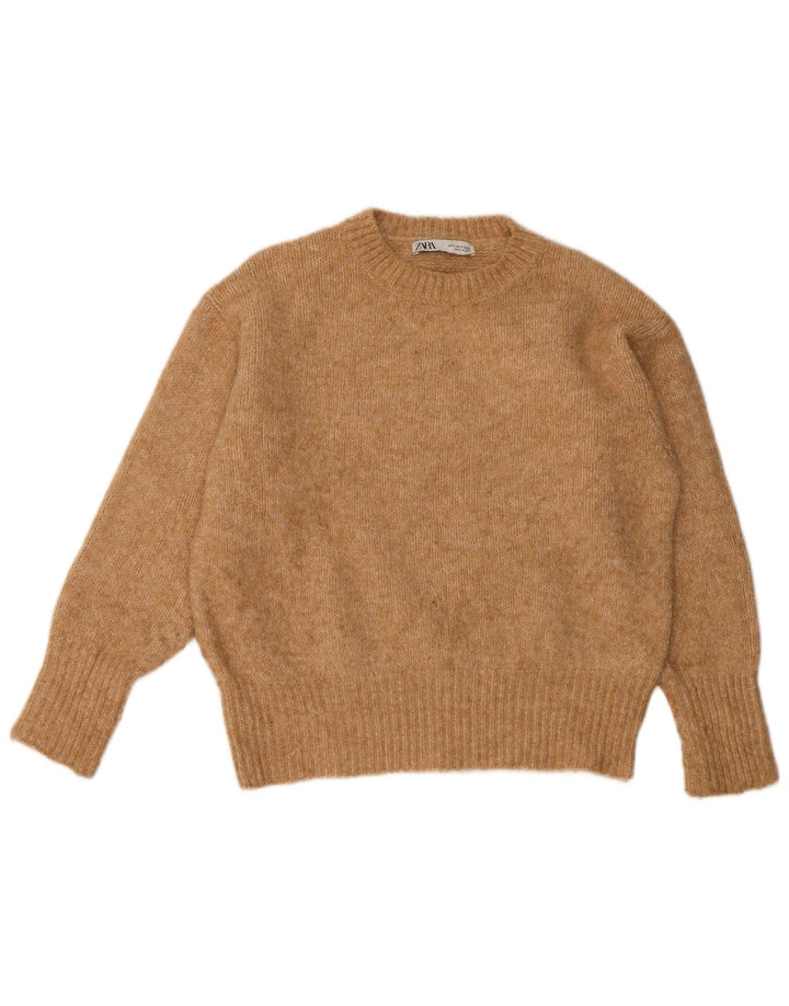 Zara Suéter feminino oversized com gola redonda Reino Unido 10 pequeno poliéster bege